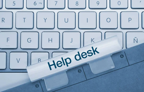 Help Desk Írta Blue Key Metallic Billentyűzet Ujjlenyomó Gomb — Stock Fotó