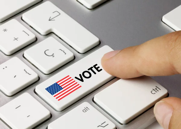 Vote Written White Key Metallic Keyboard Finger Pressing Key — Stock Photo, Image