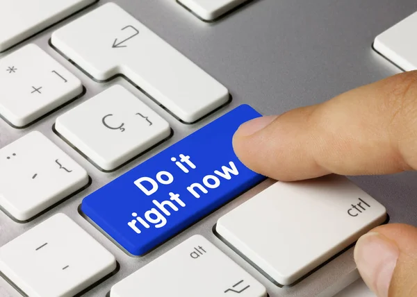 Right Now Written Blue Key Metallic Keyboard Finger Pressing Key — Stock Photo, Image