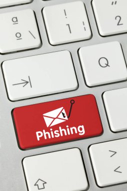 Metalik Klavyenin Kırmızı Anahtarı 'na Phishing yazıldı. Parmak tuşuna bas.