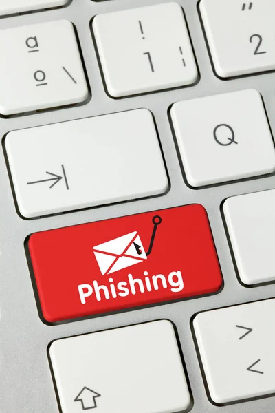 Phishing Escrito Chave Vermelha Teclado Metálico Tecla Pressão Dedo — Fotografia de Stock