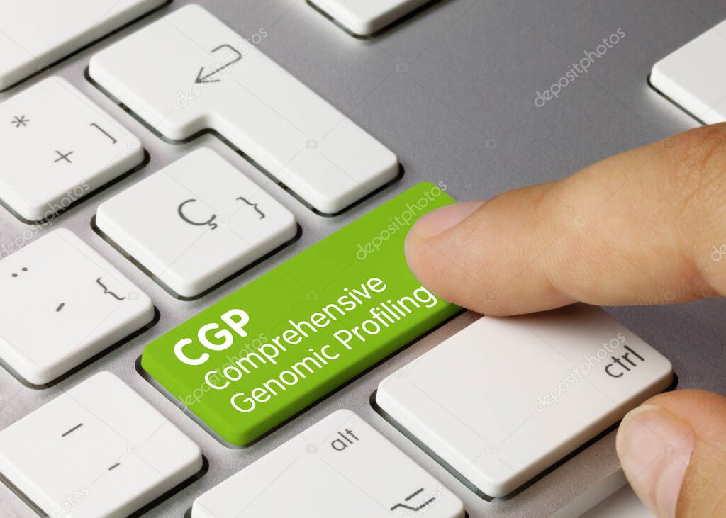 CGP Comprehensive genomic profiling Written on Green Key of Metallic Keyboard. Finger pressing key.