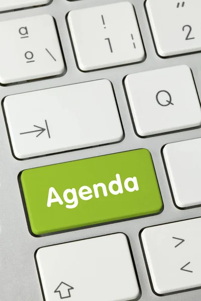 Agenda Escrito Chave Verde Teclado Metálico Tecla Pressão Dedo — Fotografia de Stock