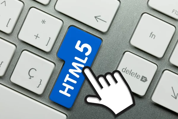 Html5写在金属键盘的蓝色键上 手指按键 — 图库照片