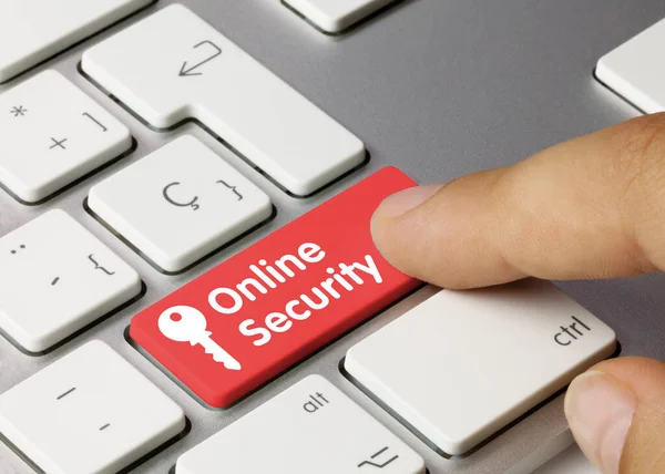 Online Sikkerhed Skrevet Red Key Metallic Keyboard Finger Trykke Tasten - Stock-foto