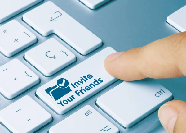 Invite Your Friends Written Blue Key Metallic Keyboard Finger Pressing — Stock Photo, Image