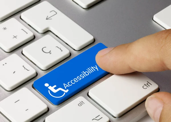 Accessibility Written Blue Key Metallic Keyboard Finger Pressing Key — Stock Photo, Image