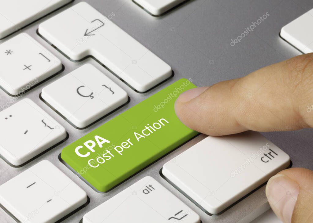 CPA Cost per Action Written on Green Key of Metallic Keyboard. Finger pressing key.