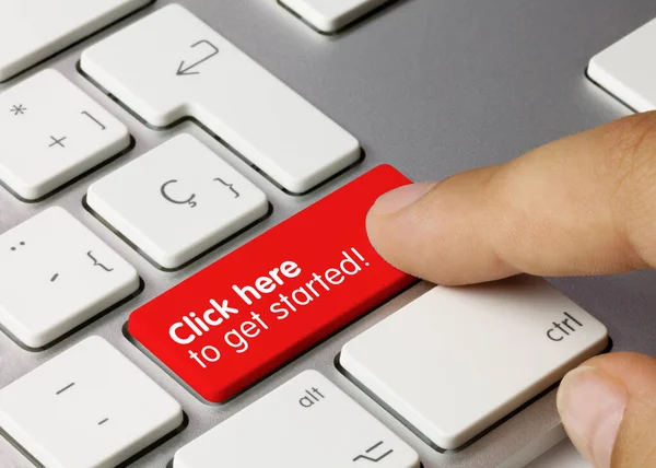 Click Here Get Started Written Red Key Metallic Keyboard Finger — Stock Photo, Image