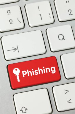 Metalik Klavyenin Kırmızı Anahtarı 'na Phishing yazıldı. Parmak tuşuna bas.