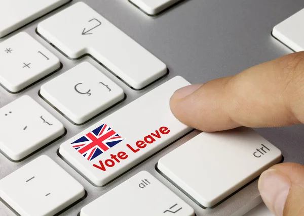 Vote Leave Written White Key Metallic Keyboard Finger Pressing Key — Stock Photo, Image