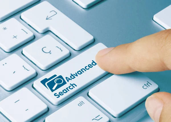 Advanced Search Written Blue Key Metallic Keyboard Finger Pressing Key — Stock Photo, Image