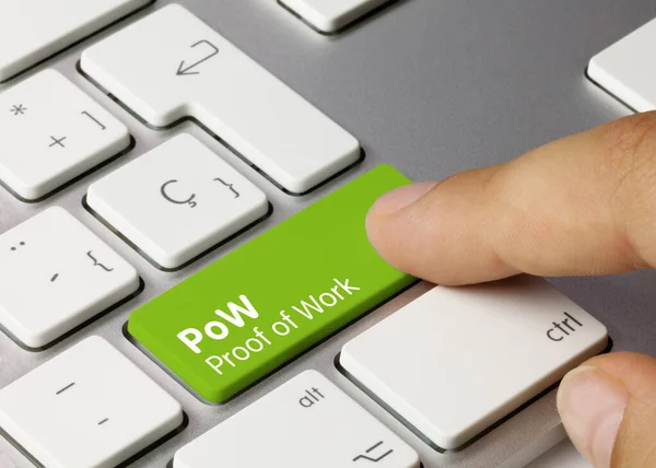 Pow Prova Trabalho Escrito Chave Verde Teclado Metálico Tecla Pressão — Fotografia de Stock