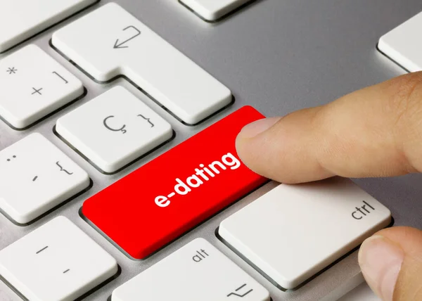 Dating Written Red Key Metallic Keyboard Finger Pressing Key — Stock Photo, Image