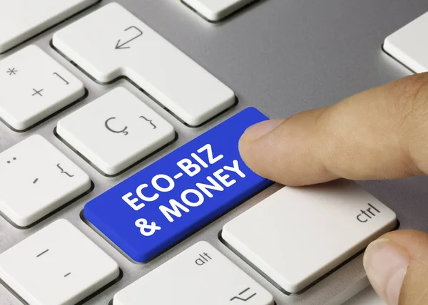 Eco Biz Money Írta Blue Key Metallic Billentyűzet Ujjlenyomó Gomb — Stock Fotó