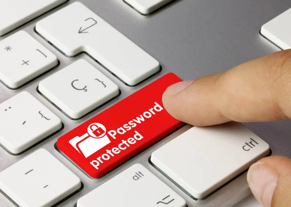 Password Beskyttet Skrevet Red Key Metallic Keyboard Finger Trykke Tasten - Stock-foto