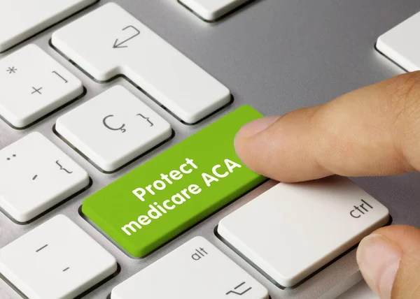 Protect Medicare Aca Written Green Key Metallic Keyboard Finger Pressing — Stock Photo, Image