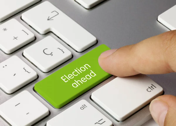 Election Ahead Written Green Key Metallic Keyboard Finger Pressing Key — Stock Photo, Image