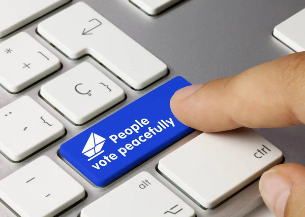 People Vote Peacefully Written Blue Key Metallic Keyboard Finger Pressing — Stock Photo, Image