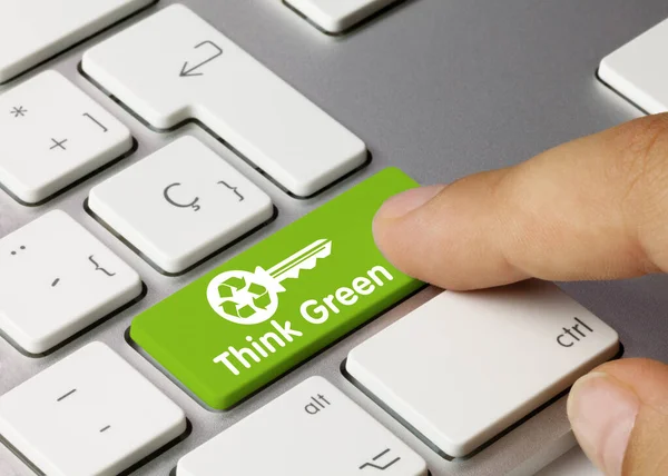 Pense Verde Escrito Chave Verde Teclado Metálico Tecla Pressão Dedo — Fotografia de Stock