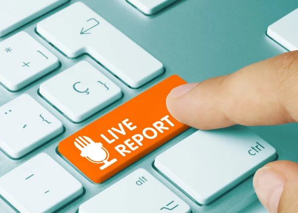 Live Bericht Geschrieben Auf Orange Key Metallic Keyboard Tastendruck — Stockfoto