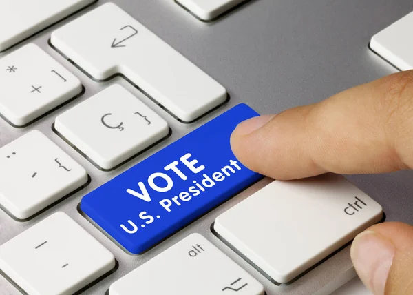 Vote President Written Blue Key Metallic Keyboard Finger Pressing Key — Stock Photo, Image