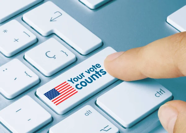 Your Vote Counts Written Blue Key Metallic Keyboard Finger Pressing — Stock Photo, Image
