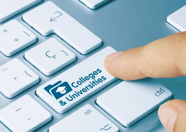 Faculdades Universidades Escrito Tecla Azul Teclado Metálico Tecla Pressão Dedo — Fotografia de Stock