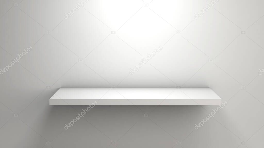 3D rendering of an empty white shelf on a white wall for a minimalist product presentation