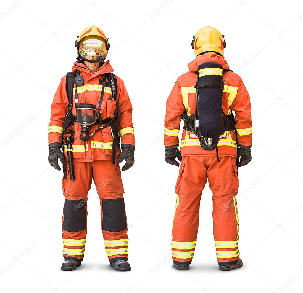 Stock photo of an isolated firefighter showing full gear and clothing in a front and rear view