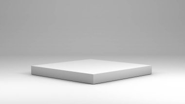 Tarafsız bir arkaplanda beyaz kare podyum. Üretim 3D görüntülemek için boş alan var.