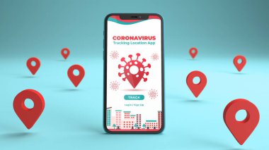 Bir koronavirüs takip uygulaması ve bazı lokasyon pimleri olan bir telefon modeli. 3B görüntüleme