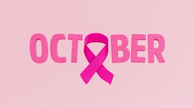 Göğüs Kanseri Farkındalığı Ayı ve Dünya Kanser Günü 'nün 3 boyutlu animasyonu için pembe arka planda pembe kurdelenin ve Ekim' in videosunu çekiyorum.