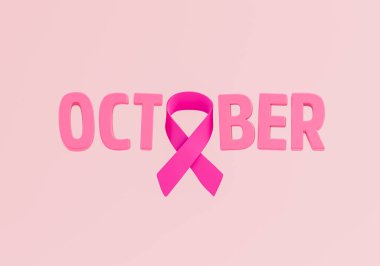 Meme Kanseri Farkındalığı Ayı ve Dünya Kanser Günü için pembe zemin üzerine pembe kurdele ve Ekim kelimesi.