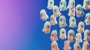 Değişken arkaplanda yüzen hayaletlerle dolu Cadılar Bayramı döngüsü videonuz kutlu olsun ve 3 boyutlu animasyon alanı kopyalayın