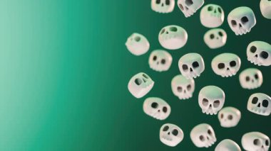 Değişken bir arkaplanda yüzen kafatasları ve 3 boyutlu animasyonda kopyalama alanı içeren mutlu Cadılar Bayramı döngüsü videoları