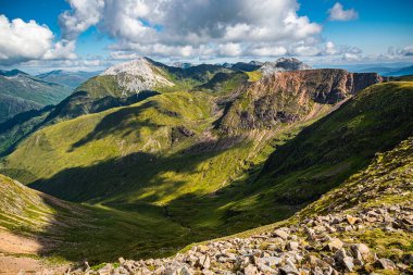Güzel İskoç Highlands manzarası. Güneşli bir yaz gününde İskoçya 'nın dağlarındaki Mamores sırtı manzarası.