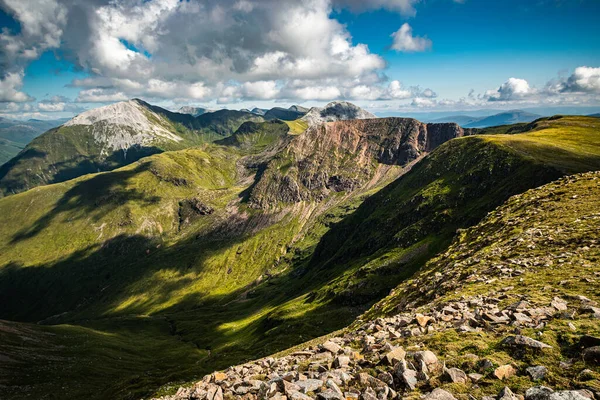Manzaralı İskoç manzarası. Mamores tepeleri İskoçya 'da Bulutlu bir yaz gününde. 