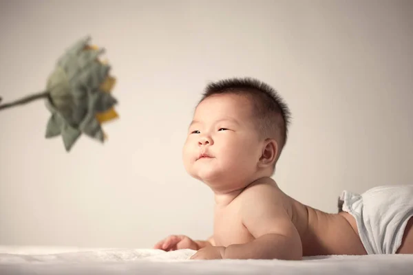 Ein Baby Blickt Auf Eine Sonnenblume — Stockfoto