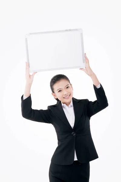 Senhora Negócios Com Placa Branca — Fotografia de Stock