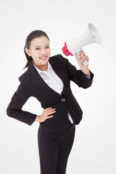 Oriental Business Woman Using Microphone — Stock Photo, Image