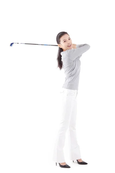 Moda Oriental Femenina Con Club Golf — Foto de Stock