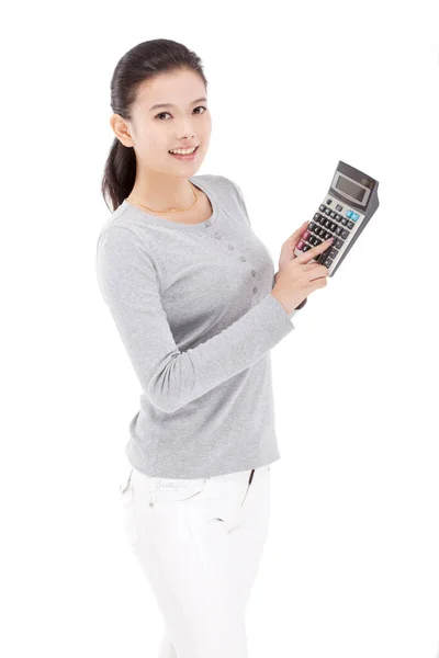Use Calculadora Para Jovem Mulher Oriental — Fotografia de Stock