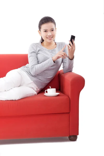 Oriental Fashion Young Woman Sitting Sofa — Stock Photo, Image