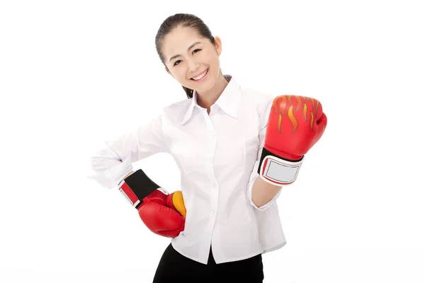 Mulher Negócios Com Luvas Boxe — Fotografia de Stock