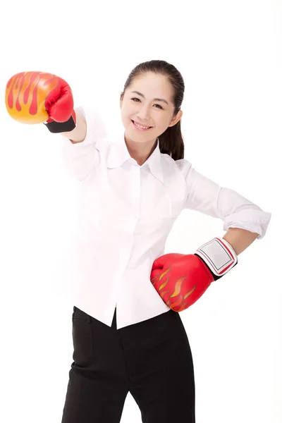 Femme Affaires Avec Gants Boxe — Photo