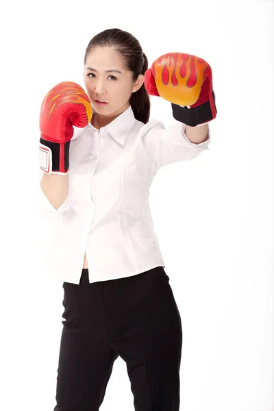 Femme Affaires Avec Gants Boxe — Photo