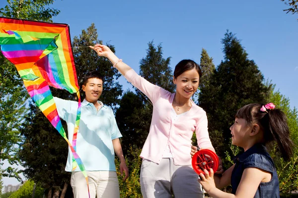 Happy Family Kiting Park — Stock Photo, Image