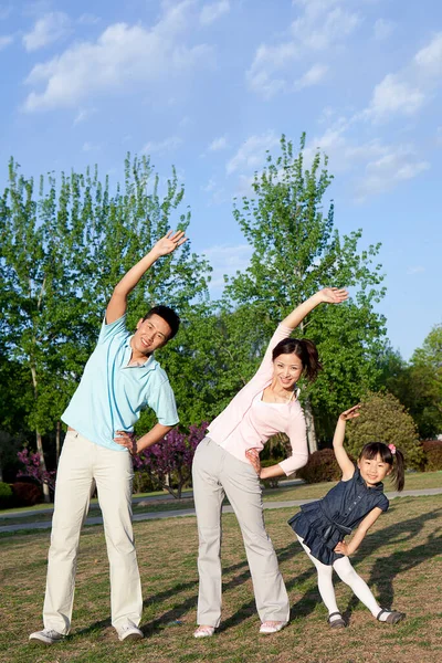 公園でエアロビクスをしている幸せな家族 — ストック写真