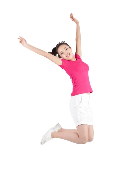 Νεαρή Γυναίκα Πηδάει Στον Αέρα Χέρια Απλωμένα Λευκό Φόντο Πορτρέτο — Φωτογραφία Αρχείου